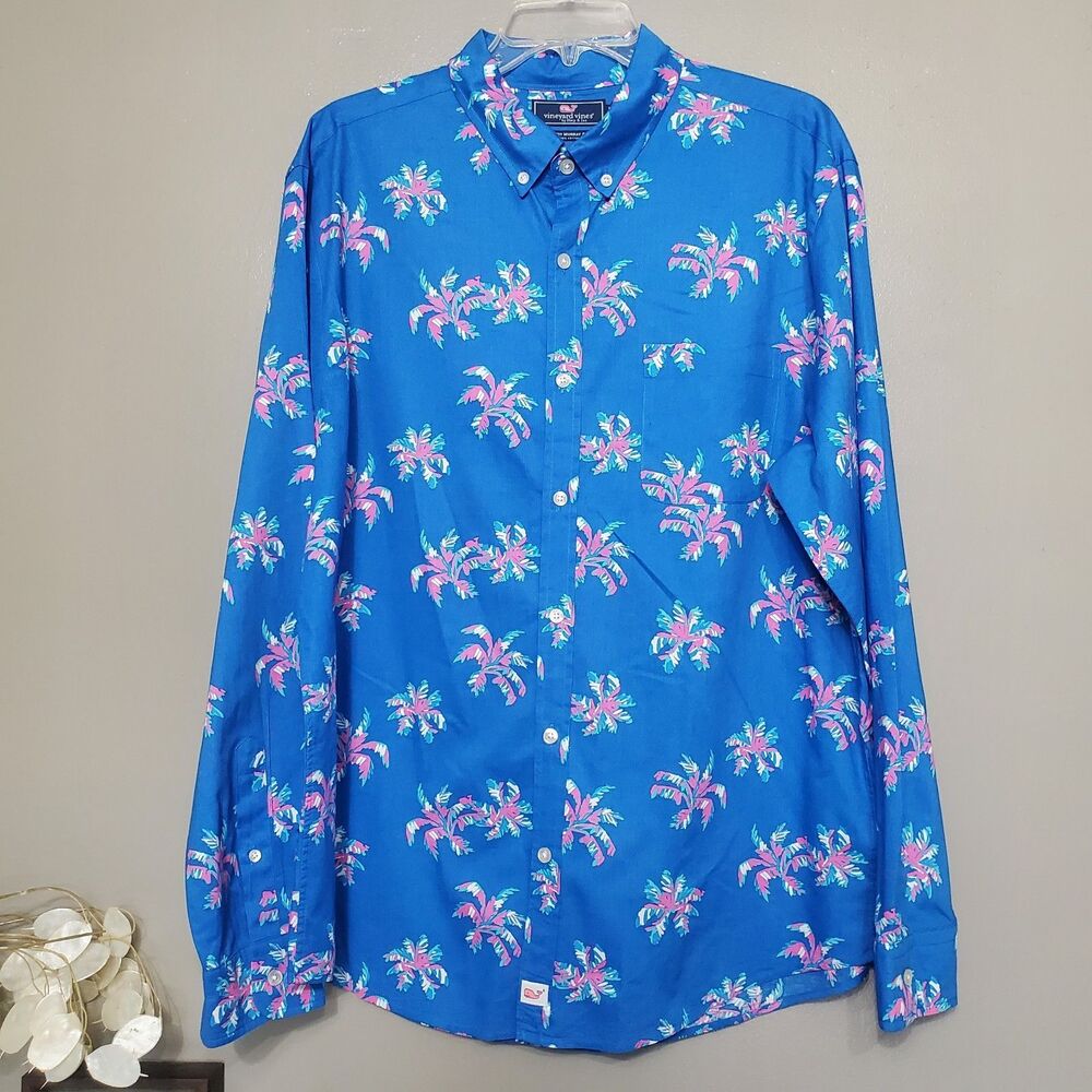Vineyard Vines Mens Slim Fit Murray Shirt Blue Pink Palm Tree Size Large 2017